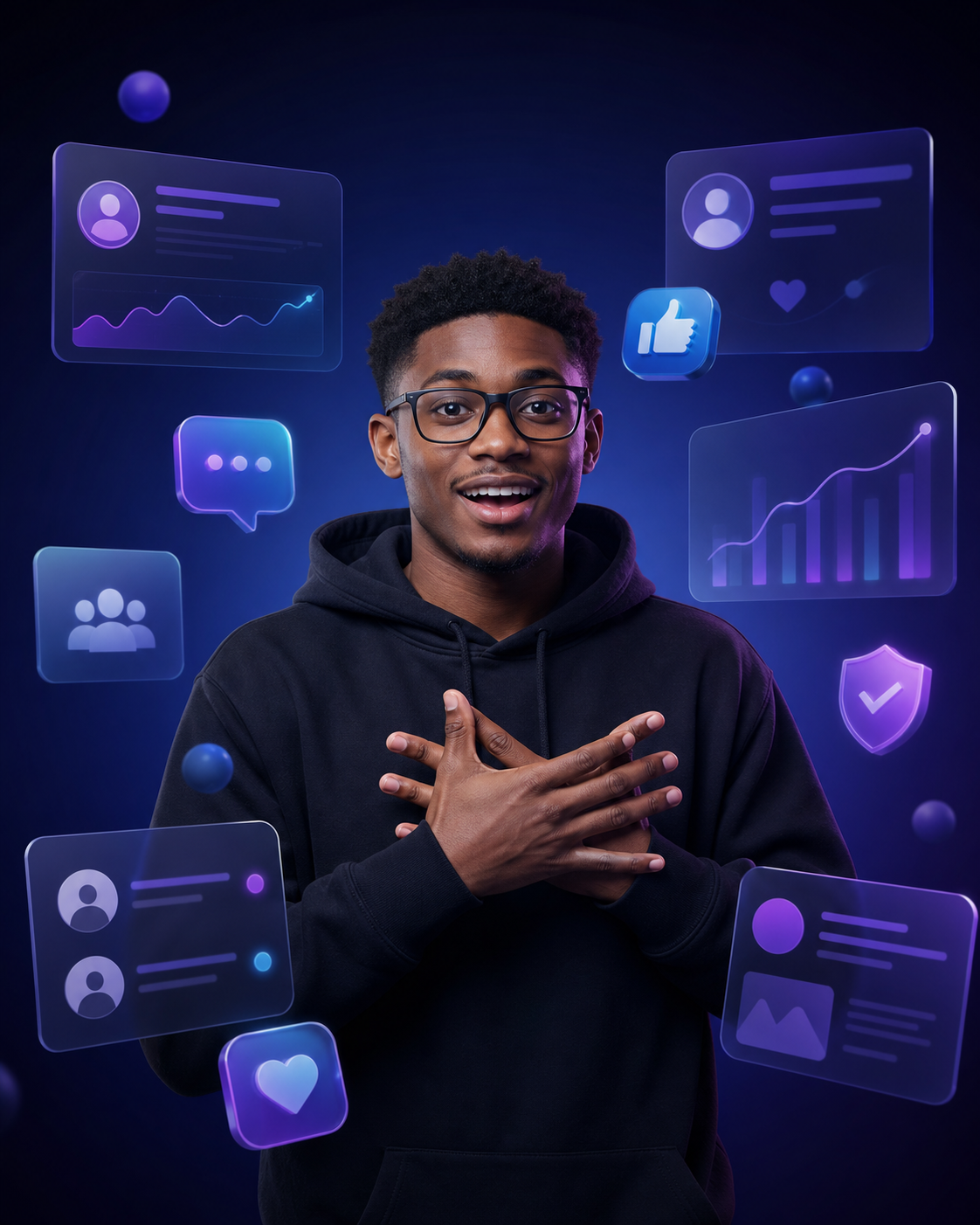 Digital entrepreneur surrounded by verified social profile tools